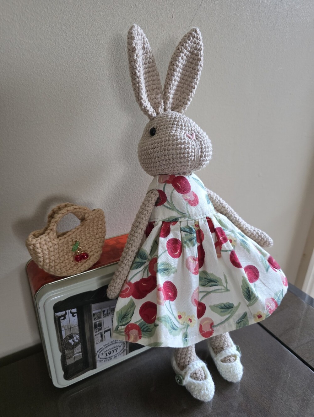 Handmade Crochet Bunny Doll in Cream with Cherry Dress, Shoes And Bag